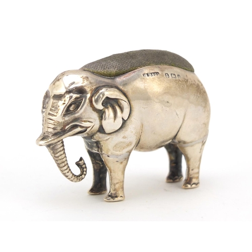 3032 - M Bros, Edward VII silver elephant pin cushion, Birmingham 1905, 5.5cm in length, 54.0g