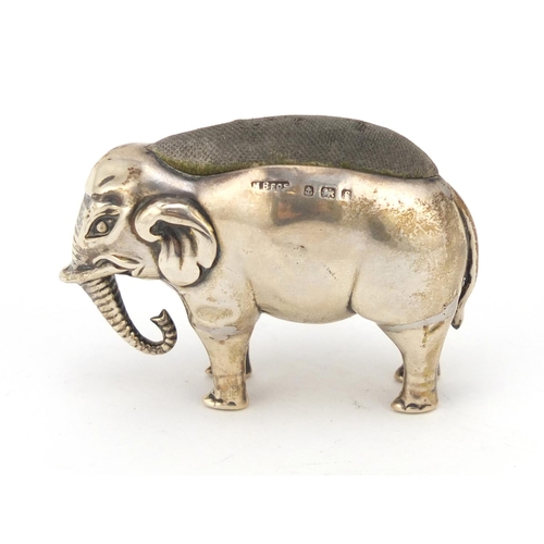 3032 - M Bros, Edward VII silver elephant pin cushion, Birmingham 1905, 5.5cm in length, 54.0g