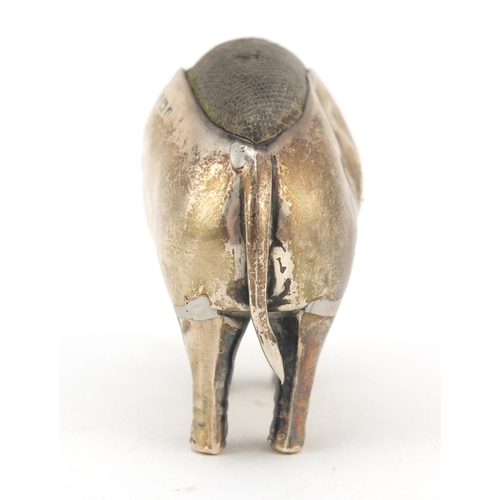 3032 - M Bros, Edward VII silver elephant pin cushion, Birmingham 1905, 5.5cm in length, 54.0g