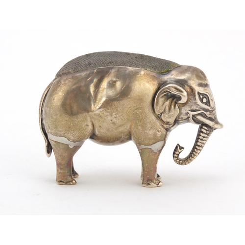 3032 - M Bros, Edward VII silver elephant pin cushion, Birmingham 1905, 5.5cm in length, 54.0g