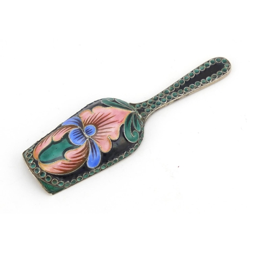 3070 - Russian silver and enamel caddy spoon with gilt bowl, impressed marks to the bowl, 9.2cm in length, ... 