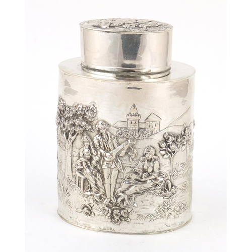 3034 - Dutch silver caddy embossed with a male serenading females within a landscape, impressed 800 to the ... 