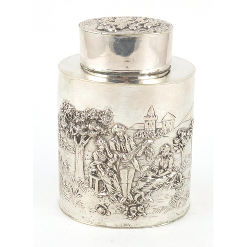 3034 - Dutch silver caddy embossed with a male serenading females within a landscape, impressed 800 to the ... 