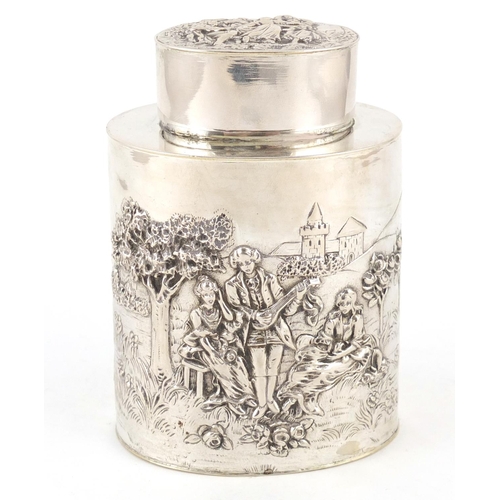 3034 - Dutch silver caddy embossed with a male serenading females within a landscape, impressed 800 to the ... 