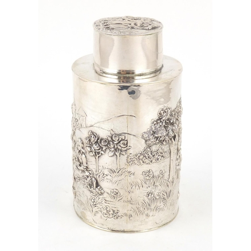 3034 - Dutch silver caddy embossed with a male serenading females within a landscape, impressed 800 to the ... 