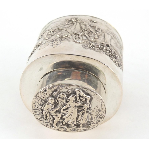 3034 - Dutch silver caddy embossed with a male serenading females within a landscape, impressed 800 to the ... 