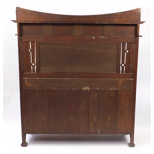 1450 - Liberty & Co, Arts & Crafts oak sideboard with embossed copper panels and Ruskin type cabochon round... 