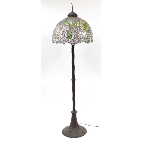 1526 - Art Nouveau design bronze standard lamp with Tiffany design leaded shade, 203cm high