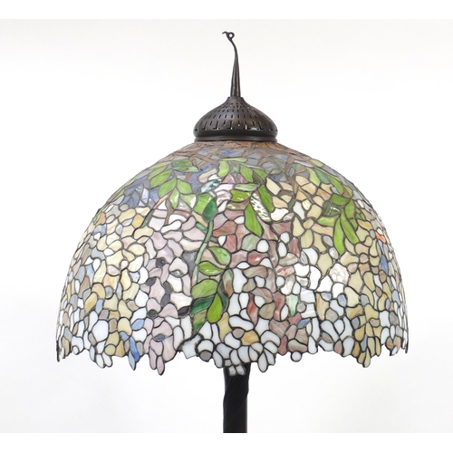 1526 - Art Nouveau design bronze standard lamp with Tiffany design leaded shade, 203cm high