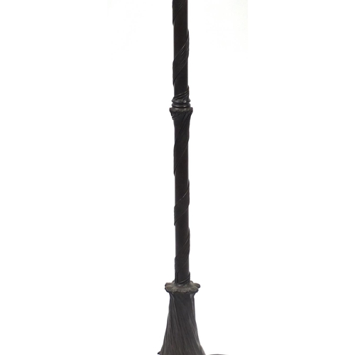 1526 - Art Nouveau design bronze standard lamp with Tiffany design leaded shade, 203cm high