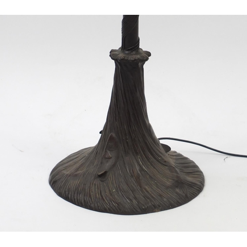 1526 - Art Nouveau design bronze standard lamp with Tiffany design leaded shade, 203cm high