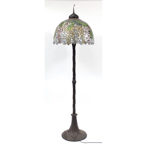 1526 - Art Nouveau design bronze standard lamp with Tiffany design leaded shade, 203cm high