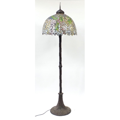 1526 - Art Nouveau design bronze standard lamp with Tiffany design leaded shade, 203cm high