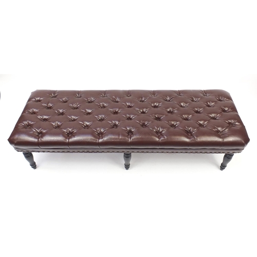 1550 - Large contemporary stool with ebonised feet and brown button leather upholstery, 45cm H x 170cm W x ... 