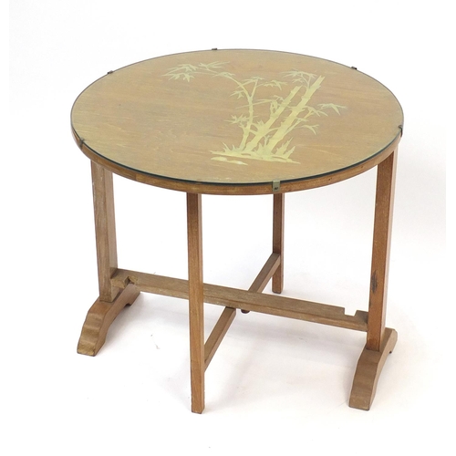 1533 - Art Deco limed oak Chinese style folding occasional table with mother of pearl inlay and circular to... 