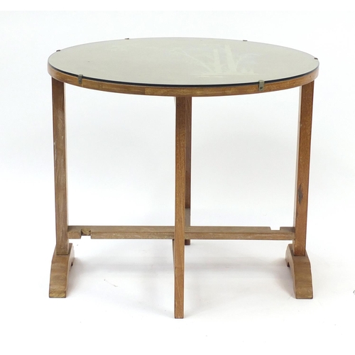 1533 - Art Deco limed oak Chinese style folding occasional table with mother of pearl inlay and circular to... 