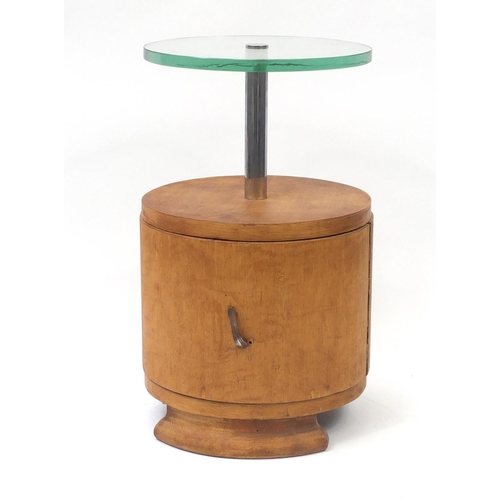 1503 - Art Deco circular oak pedestal occasional table with glass top and cupboard base, 68cm high x 40cm i... 