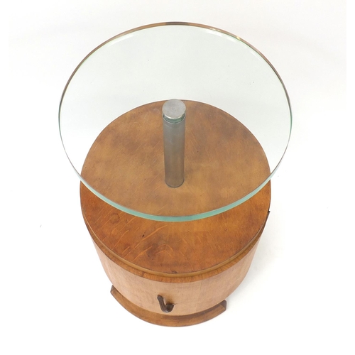 1503 - Art Deco circular oak pedestal occasional table with glass top and cupboard base, 68cm high x 40cm i... 