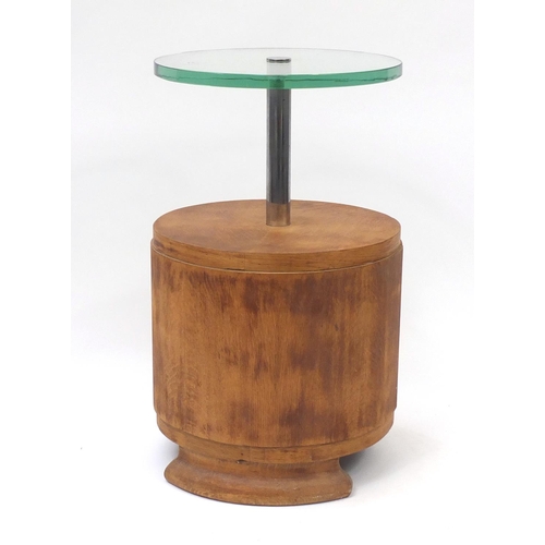 1503 - Art Deco circular oak pedestal occasional table with glass top and cupboard base, 68cm high x 40cm i... 