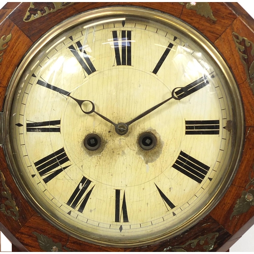 1520 - 19th century rosewood drop dial wall clock with brass and mother of pearl foliate inlay, the hexagon... 