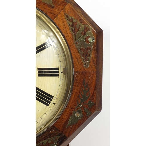 1520 - 19th century rosewood drop dial wall clock with brass and mother of pearl foliate inlay, the hexagon... 