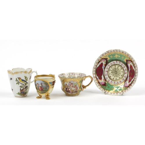 98 - Continental porcelain including a hand painted Augustus Rex cup and a Vienna style cup with paw feet... 