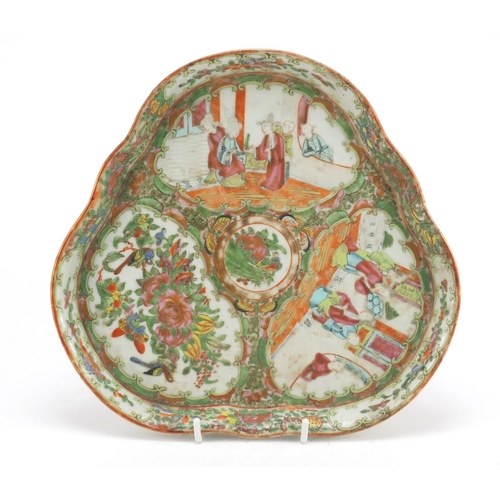 466 - Chinese Canton porcelain triangular tray, hand painted in the famille rose palette with figures, bir... 