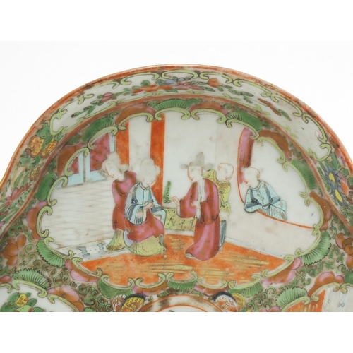 466 - Chinese Canton porcelain triangular tray, hand painted in the famille rose palette with figures, bir... 