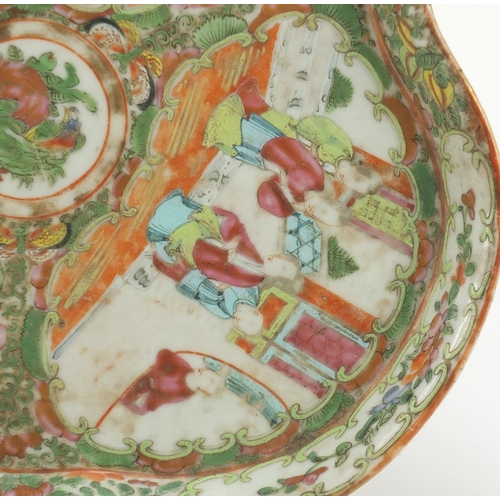 466 - Chinese Canton porcelain triangular tray, hand painted in the famille rose palette with figures, bir... 