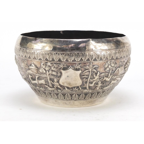 3075 - Burmese silver coloured metal bowl embossed with farmers, cattle, hunters and wild animals, 11cm hig... 