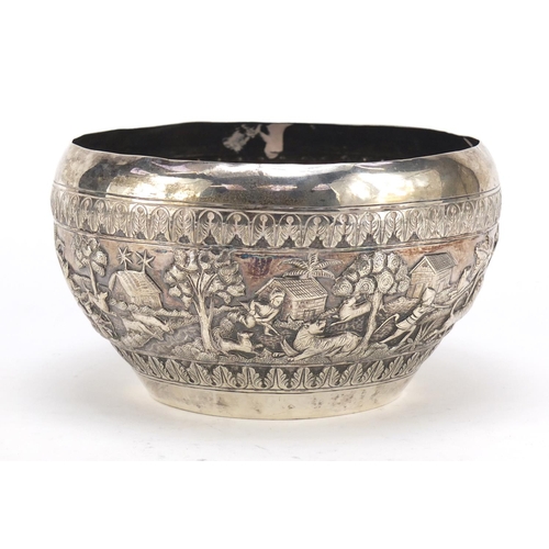 3075 - Burmese silver coloured metal bowl embossed with farmers, cattle, hunters and wild animals, 11cm hig... 