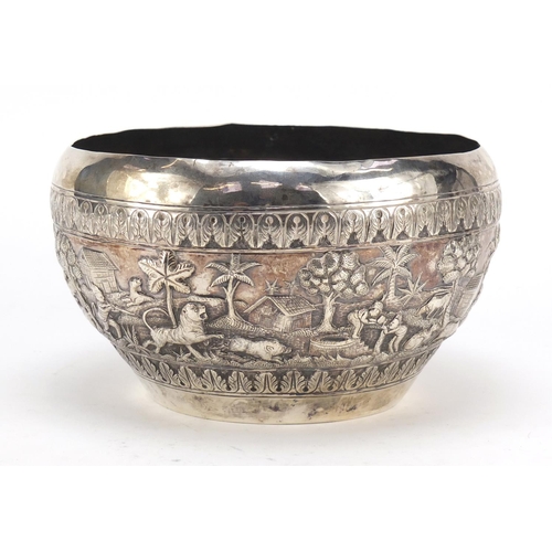 3075 - Burmese silver coloured metal bowl embossed with farmers, cattle, hunters and wild animals, 11cm hig... 