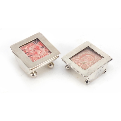 3060 - Two Victorian and later silver stamp boxes with hinged lids, each raised on four ball feet, Birmingh... 