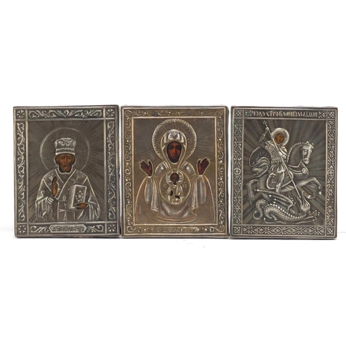 3074 - Three Russian Orthodox icons with applied silver mounts, each marked Aleksandr Timofeyevich Shevyako... 