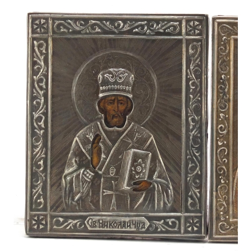 3074 - Three Russian Orthodox icons with applied silver mounts, each marked Aleksandr Timofeyevich Shevyako... 