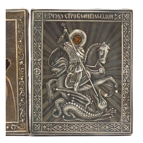 3074 - Three Russian Orthodox icons with applied silver mounts, each marked Aleksandr Timofeyevich Shevyako... 