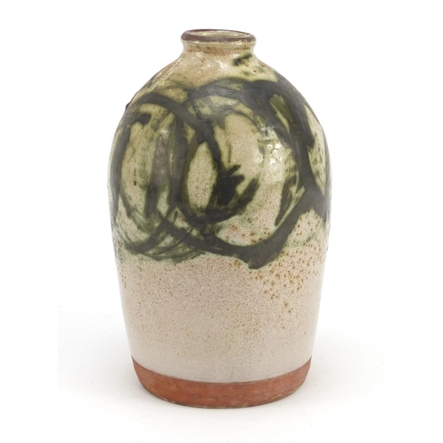 3787 - Studio pottery vase hand painted with stylised pattern, impressed mark to base, 17.5cm high