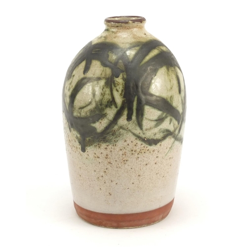 3787 - Studio pottery vase hand painted with stylised pattern, impressed mark to base, 17.5cm high