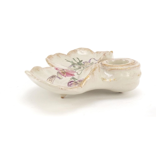 77 - Émile Gallé, faience glazed pottery ink stand and cover with inkwell hand painted with flowers, insc... 