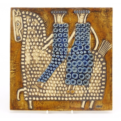 80 - Lisa Larson for Gustavsberg, Swedish ceramic tile hand painted with two stylised figures on horsebac... 