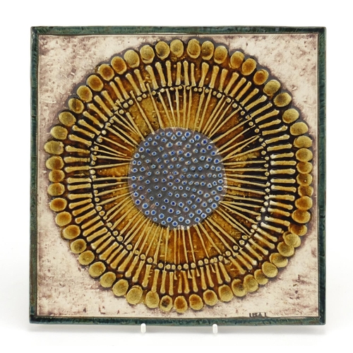 81 - Lisa Larson for Gustavsberg, Swedish ceramic tile hand painted with a stylised flower head, impresse... 