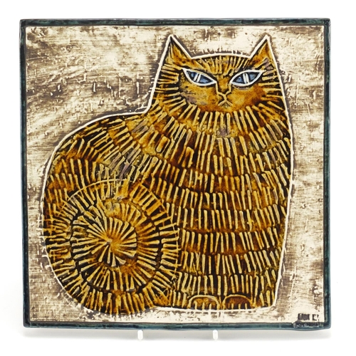 84 - Lisa Larson for Gustavsberg, Swedish ceramic tile hand painted a stylised cat, impressed Lisa L and ... 