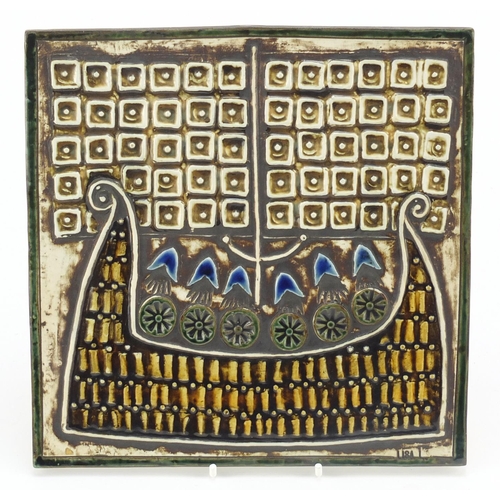 82 - Lisa Larson for Gustavsberg, Swedish ceramic tile hand painted with a stylised viking longboat, impr... 