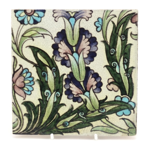 5 - William de Morgan for Sands End, Arts & Crafts pottery tile hand painted with stylised flowers, impr... 