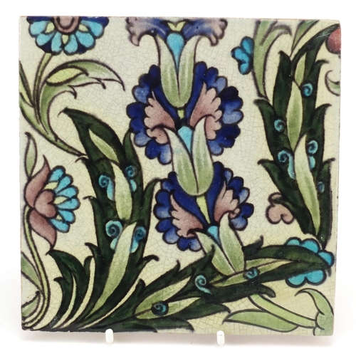 1 - William de Morgan for Sands End, Arts & Crafts pottery tile hand painted with stylised flowers, impr... 