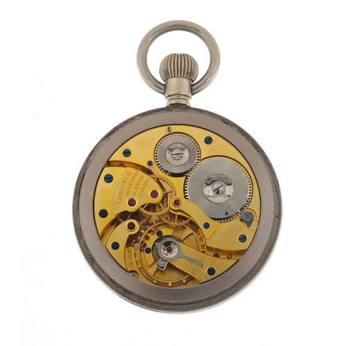 2359 - Longines, gentlemen's military interest open face pocket watch, the case engraved H.S. 386095, 52mm ... 