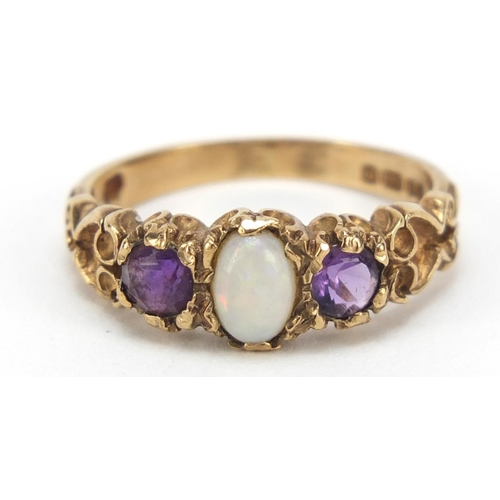 2404 - 9ct gold opal and amethyst ring with scrolled shoulders, size L, 2.4g