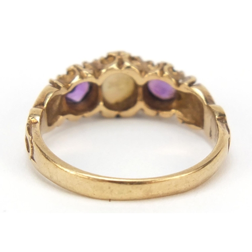 2404 - 9ct gold opal and amethyst ring with scrolled shoulders, size L, 2.4g