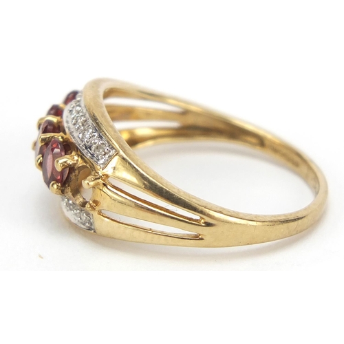 2360 - 9ct gold purple stone and diamond half eternity ring, size O, 2.5g