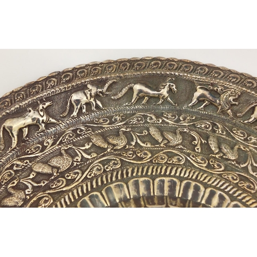 3076 - Burmese silver coloured metal tray embossed with birds of Paradise and wild animals amongst foliage,... 